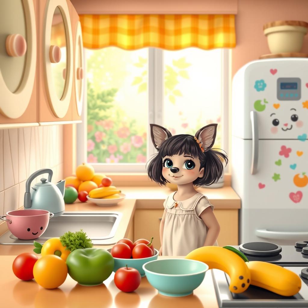 A cozy kitchen scene featuring a little girl and a Chihuahua together