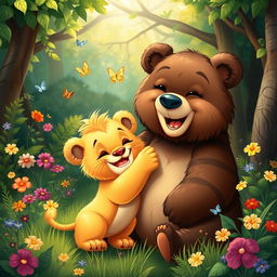 A heartwarming scene depicting a baby lion and a bear happily playing together in a lush green forest