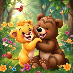 A heartwarming scene depicting a baby lion and a bear happily playing together in a lush green forest