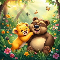 A heartwarming scene depicting a baby lion and a bear happily playing together in a lush green forest