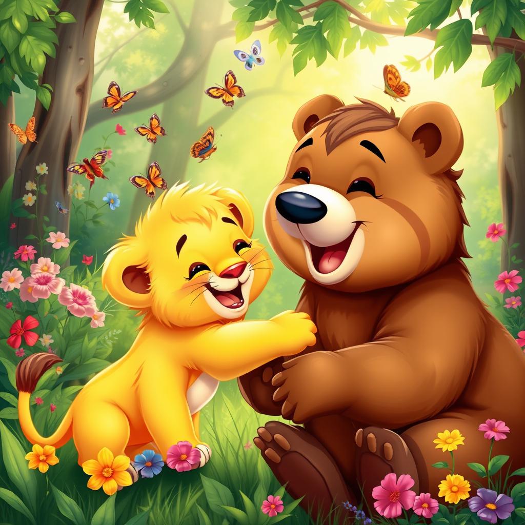 A heartwarming scene depicting a baby lion and a bear happily playing together in a lush green forest