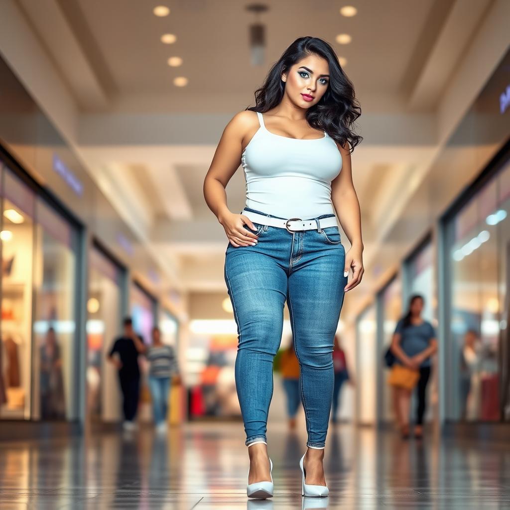 A full-length photograph of a stunningly beautiful curvy young woman with pale skin, voluminous black hair, and captivating crystal blue eyes