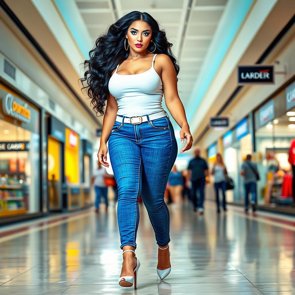 A full-length photograph of a stunningly beautiful curvy young woman with pale skin, luxurious black hair, and captivating crystal blue eyes
