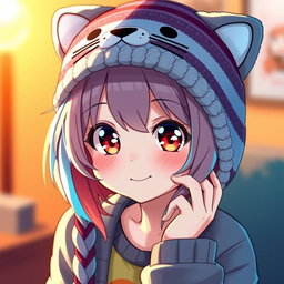 A character with vibrant, colorful hair styled in an anime fashion, wearing a cozy striped knit cat hat