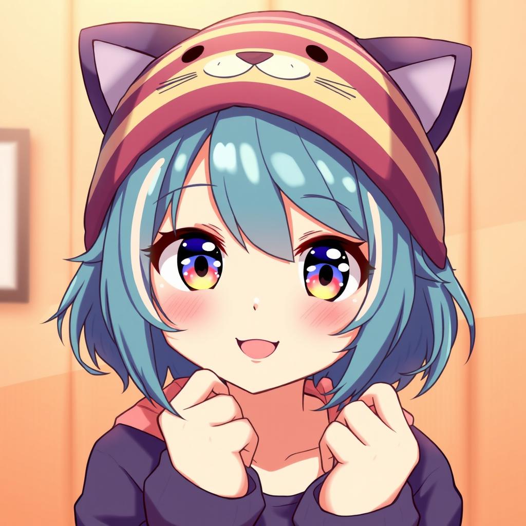 A character with vibrant, colorful hair styled in an anime fashion, wearing a cozy striped knit cat hat