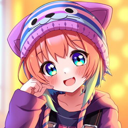 A character with vibrant, colorful hair styled in an anime fashion, wearing a cozy striped knit cat hat