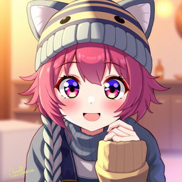 A character with vibrant, colorful hair styled in an anime fashion, wearing a cozy striped knit cat hat
