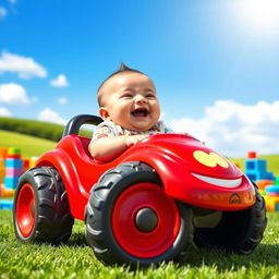 A cute chubby baby with rosy cheeks and a big smile, joyfully laughing while sitting in a large, colorful toy car