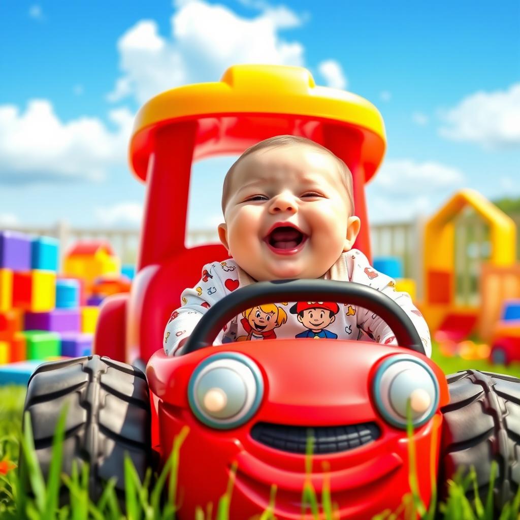 A cute chubby baby with rosy cheeks and a big smile, joyfully laughing while sitting in a large, colorful toy car