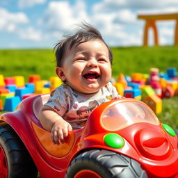 A cute chubby baby with rosy cheeks and a big smile, joyfully laughing while sitting in a large, colorful toy car