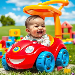A cute chubby baby with rosy cheeks and a big smile, joyfully laughing while sitting in a large, colorful toy car