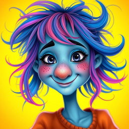 A whimsical female character with hairy blue skin, featuring a long nose and charming freckles across her cheeks