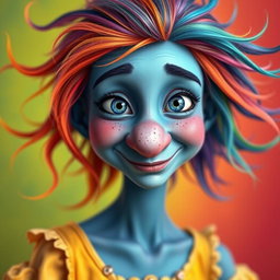 A whimsical female character with hairy blue skin, featuring a long nose and charming freckles across her cheeks