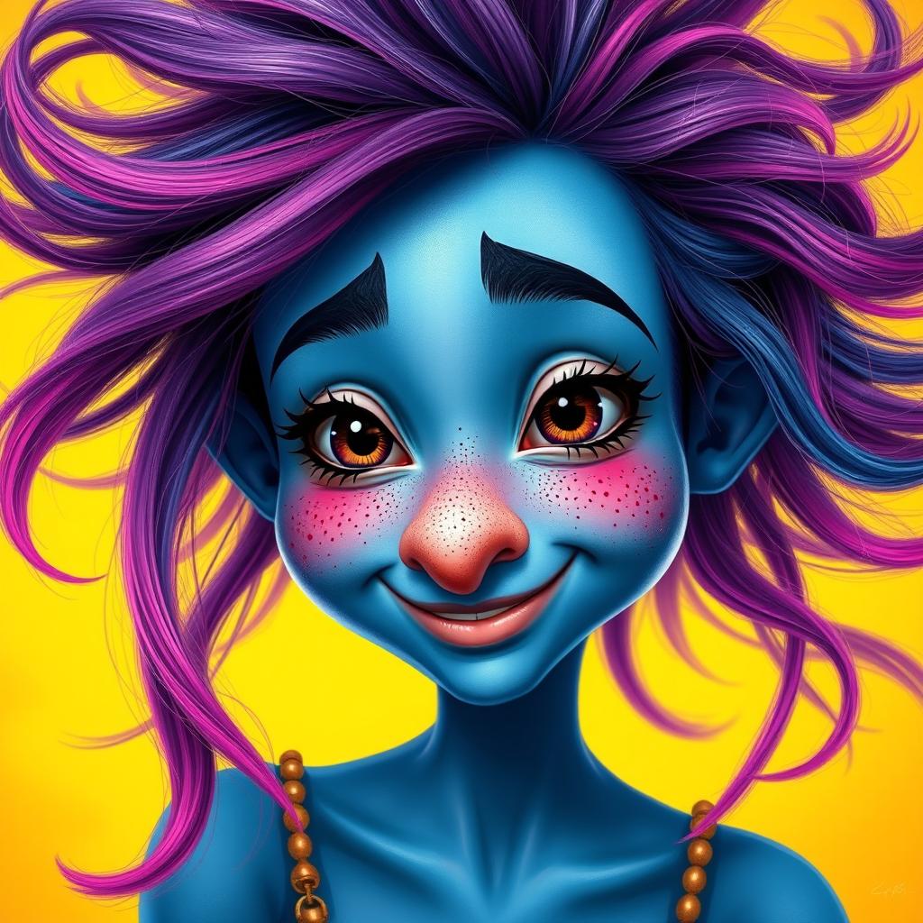 A whimsical female character with hairy blue skin, featuring a long nose and charming freckles across her cheeks