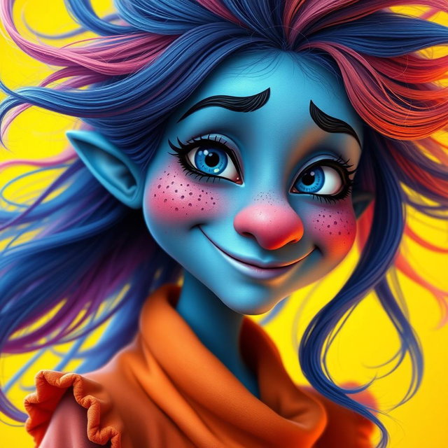 A whimsical female character with hairy blue skin, featuring a long nose and charming freckles across her cheeks