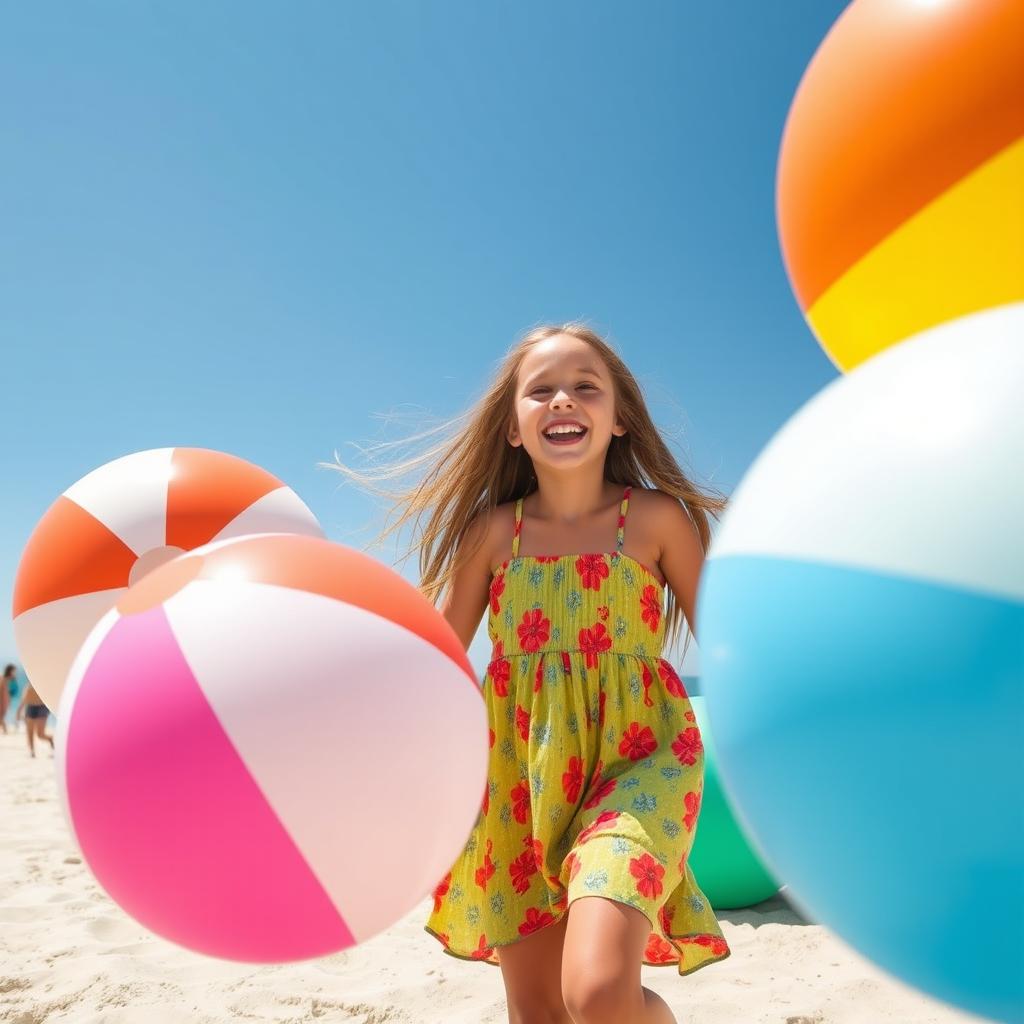 A playful scene featuring a girl joyfully playing with large colorful beach balls under a bright blue sky