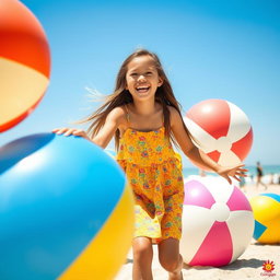 A playful scene featuring a girl joyfully playing with large colorful beach balls under a bright blue sky