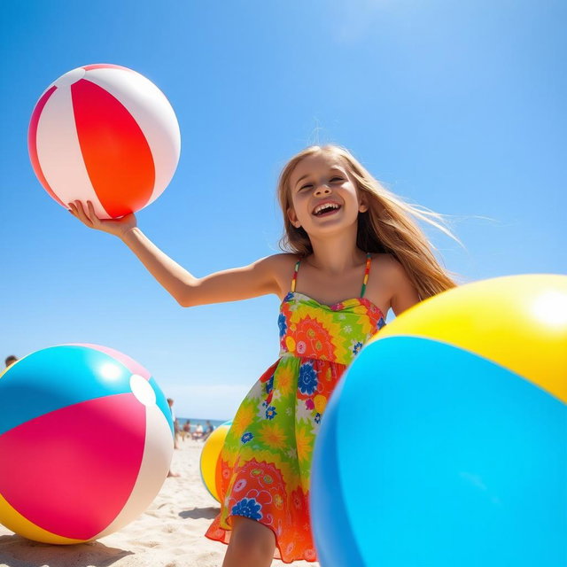 A playful scene featuring a girl joyfully playing with large colorful beach balls under a bright blue sky