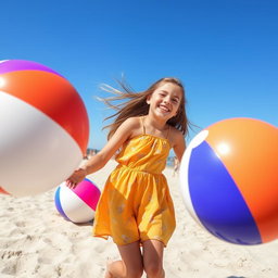 A playful scene featuring a girl joyfully playing with large colorful beach balls under a bright blue sky