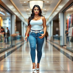 A full-length photograph of a stunning, beautiful, curvy woman with pale skin and black hair