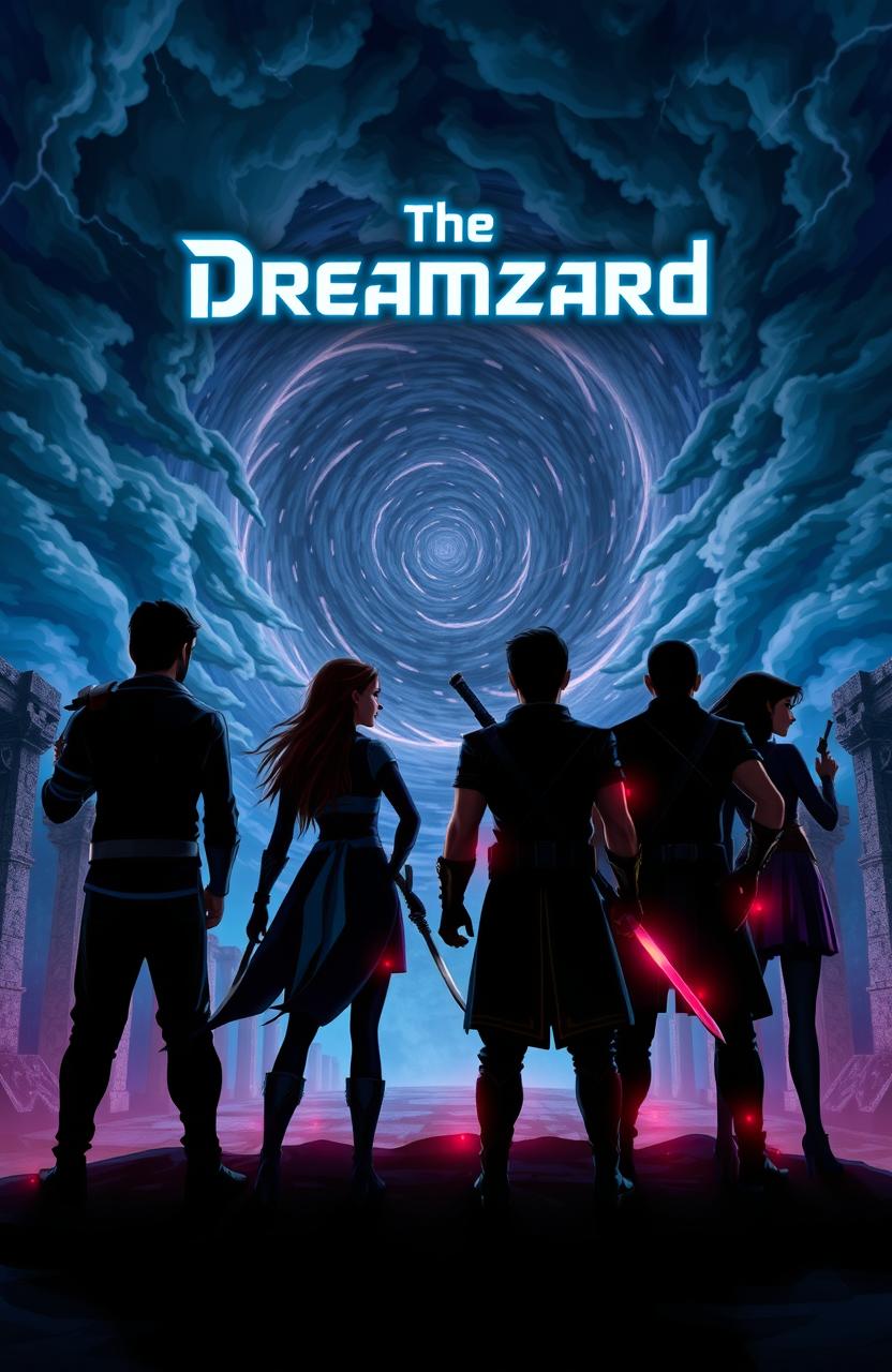 Six characters (Ankush, Sunetra, Raghav, Vivek, Lipsa, and Gunjan) stand in dynamic, action-ready poses with their backs to the viewer, silhouetted against a stormy, swirling sky filled with ominous clouds and flashes of light