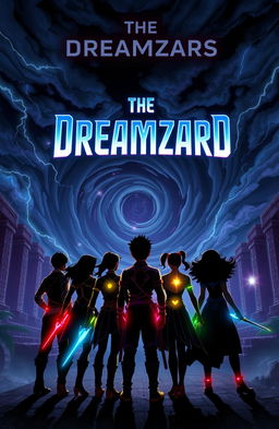 Six characters (Ankush, Sunetra, Raghav, Vivek, Lipsa, and Gunjan) stand in dynamic, action-ready poses with their backs to the viewer, silhouetted against a stormy, swirling sky filled with ominous clouds and flashes of light