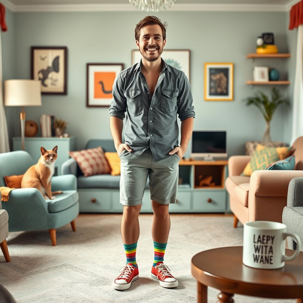 A humorous scene depicting a man confidently standing in a casual shirt, colorful socks, and stylish shoes, but without pants
