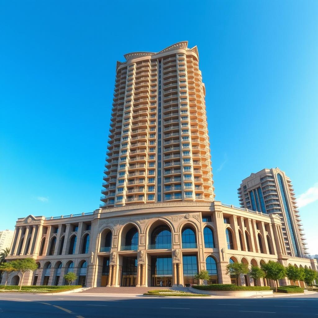 A towering 20-story residential building, inspired by the ancient ruins of Cheghazanbil, reaching dynamically towards the blue sky