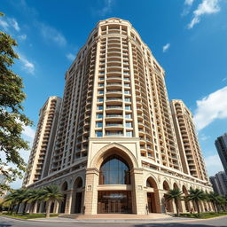 A towering 20-story residential building, inspired by the ancient ruins of Cheghazanbil, reaching dynamically towards the blue sky