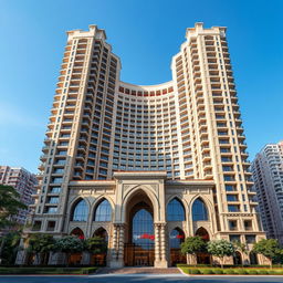A towering 20-story residential building, inspired by the ancient ruins of Cheghazanbil, reaching dynamically towards the blue sky