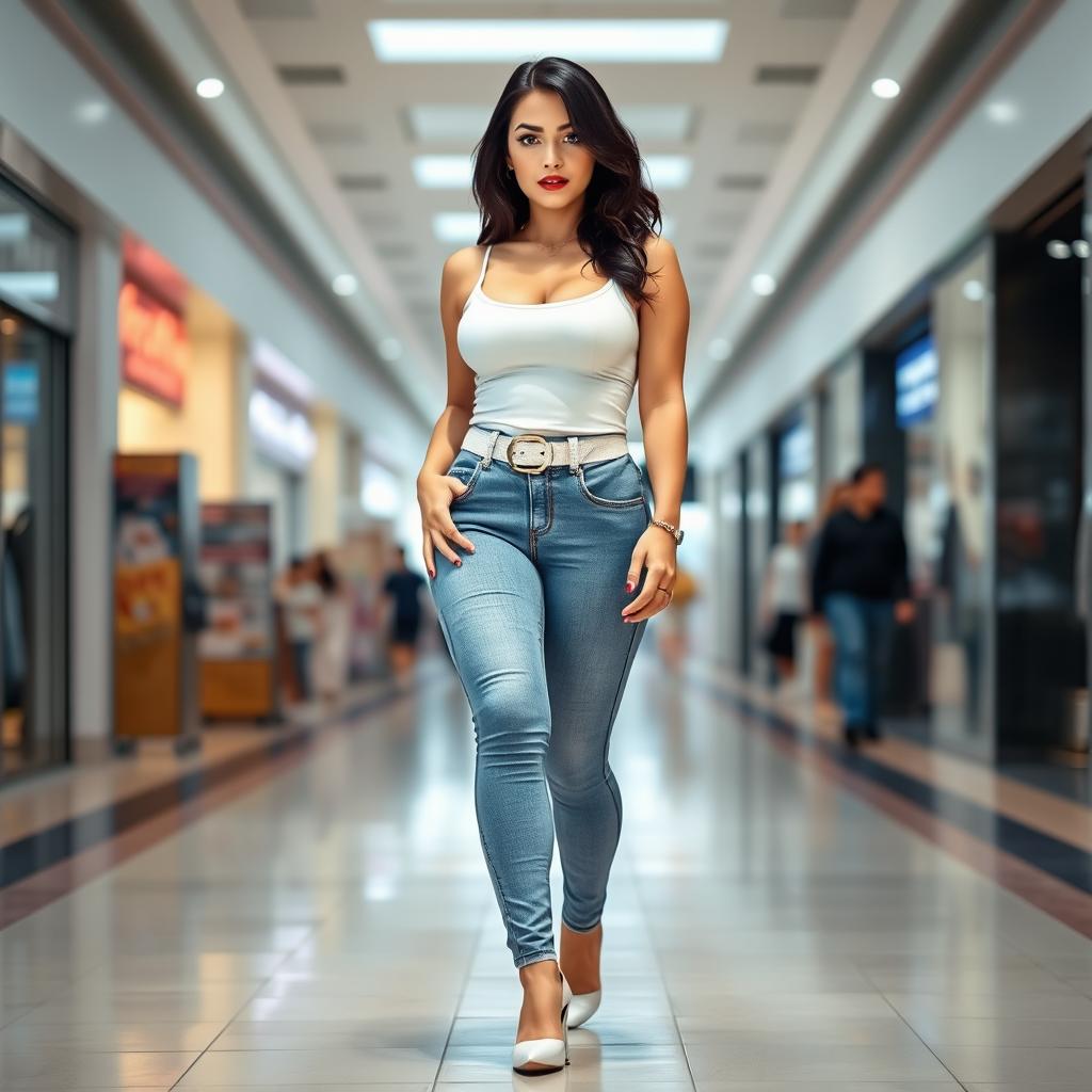 A full-length photograph of a stunning and curvy young woman with pale skin and black hair