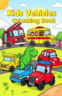 A colorful and engaging illustration for a kids' vehicles coloring book, featuring a variety of fun vehicles such as a cheerful fire truck with a big ladder, a bright yellow school bus with happy children peeking out the windows, a shiny red race car, a friendly green dinosaur-themed construction truck, and a cute blue police car