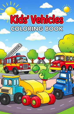 A colorful and engaging illustration for a kids' vehicles coloring book, featuring a variety of fun vehicles such as a cheerful fire truck with a big ladder, a bright yellow school bus with happy children peeking out the windows, a shiny red race car, a friendly green dinosaur-themed construction truck, and a cute blue police car