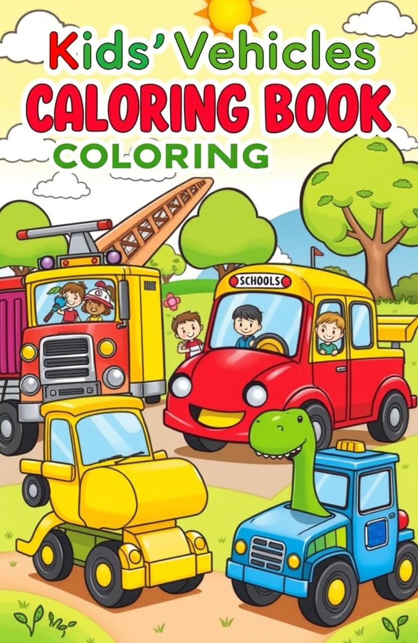 A colorful and engaging illustration for a kids' vehicles coloring book, featuring a variety of fun vehicles such as a cheerful fire truck with a big ladder, a bright yellow school bus with happy children peeking out the windows, a shiny red race car, a friendly green dinosaur-themed construction truck, and a cute blue police car