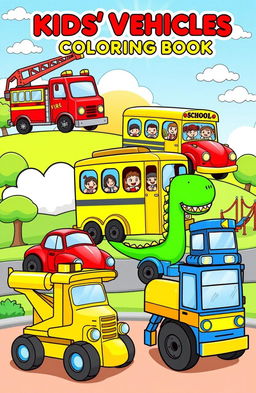 A colorful and engaging illustration for a kids' vehicles coloring book, featuring a variety of fun vehicles such as a cheerful fire truck with a big ladder, a bright yellow school bus with happy children peeking out the windows, a shiny red race car, a friendly green dinosaur-themed construction truck, and a cute blue police car