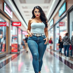 A full-length photograph of a sexy and stunning curvy woman with pale skin and black hair