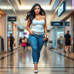 A full-length photograph of a sexy and stunning curvy woman with pale skin and flowing black hair