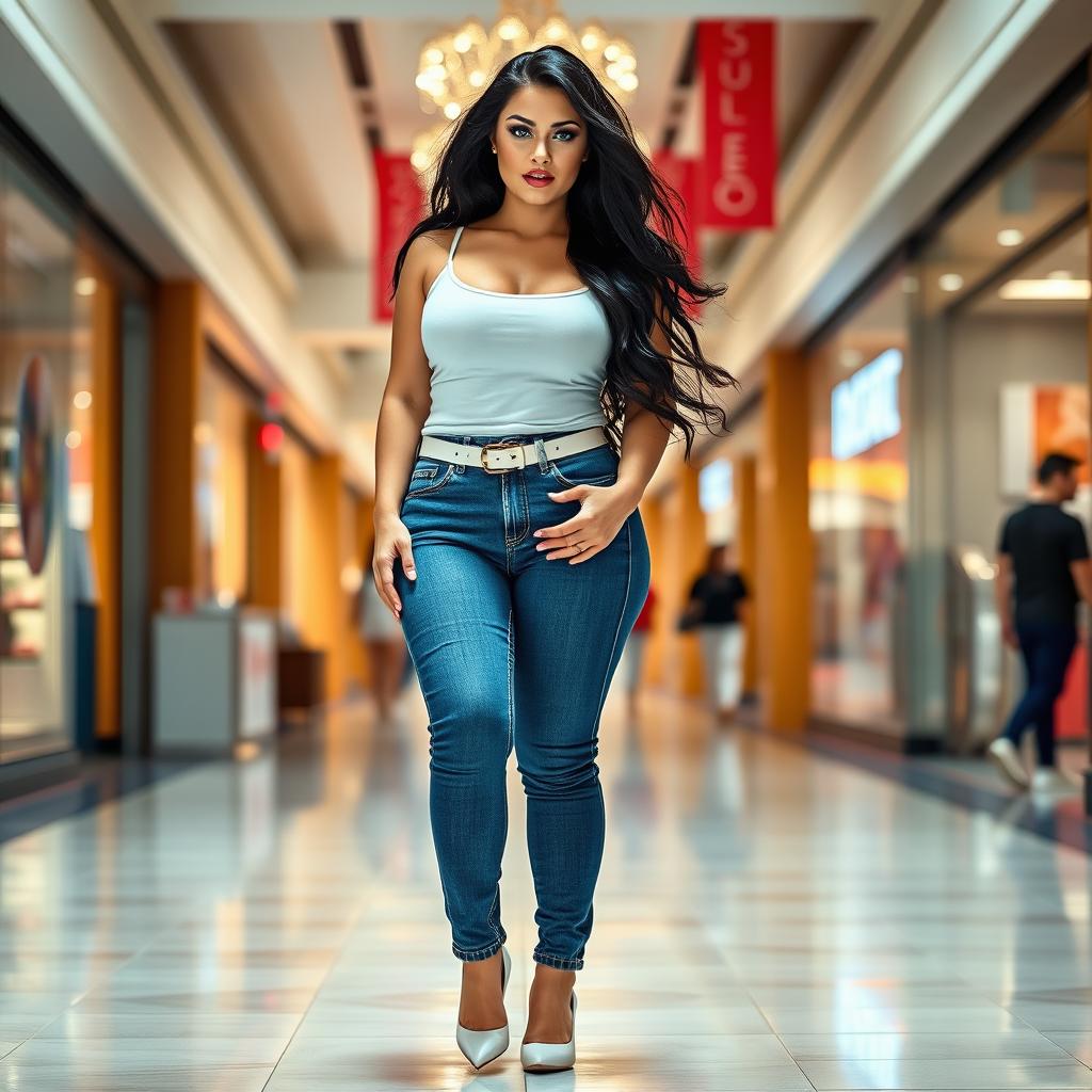 A full-length photograph of a sexy and stunning curvy woman with pale skin and flowing black hair