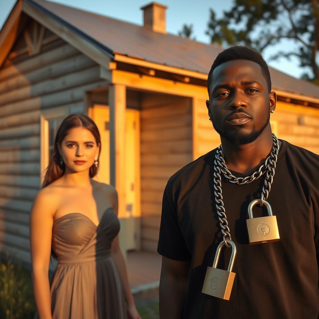 A beautiful woman wearing an elegant dress stands in front of a simple wooden house during the evening