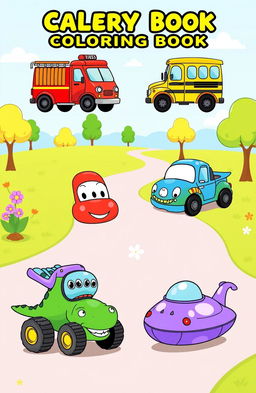 A collection of whimsical and playful illustrations for a children's coloring book featuring various vehicles