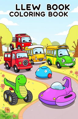 A collection of whimsical and playful illustrations for a children's coloring book featuring various vehicles