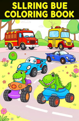 A collection of whimsical and playful illustrations for a children's coloring book featuring various vehicles