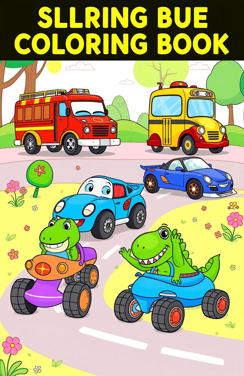 A collection of whimsical and playful illustrations for a children's coloring book featuring various vehicles