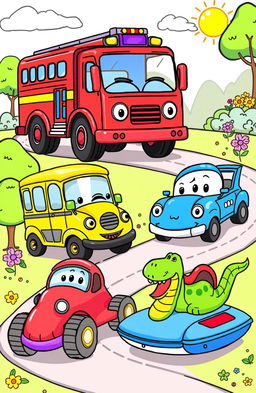 A collection of whimsical and playful illustrations for a children's coloring book featuring various vehicles