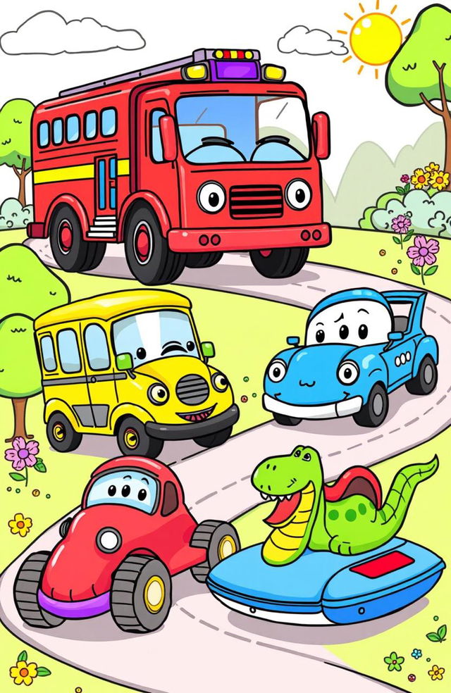 A collection of whimsical and playful illustrations for a children's coloring book featuring various vehicles