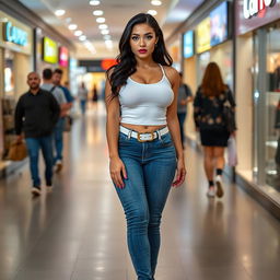 A full-length photograph of a sexy, stunning, and curvy 18-year-old woman with pale skin and luxurious black hair