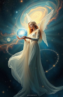 A mystical and ethereal interpretation of fate and destiny, featuring a celestial woman dressed in flowing, sparkling robes, holding a glowing orb representing the universe
