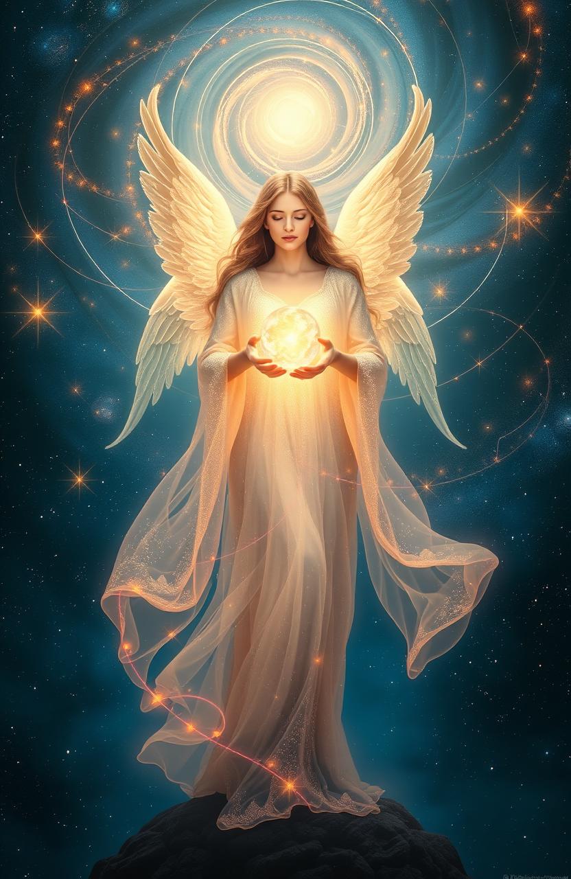 A mystical and ethereal interpretation of fate and destiny, featuring a celestial woman dressed in flowing, sparkling robes, holding a glowing orb representing the universe