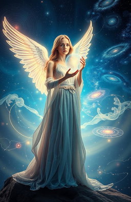 A mystical and ethereal interpretation of fate and destiny, featuring a celestial woman dressed in flowing, sparkling robes, holding a glowing orb representing the universe