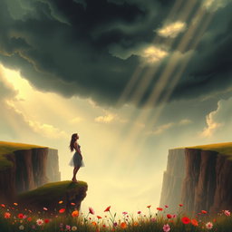 A poignant and emotional scene depicting a couple standing on opposite sides of a vast, ethereal chasm that represents the distance between them